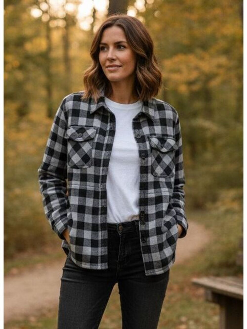 Noble Outfitters Women's Black & Grey Buffalo Plaid Sherpa Lined Flannel Jacket